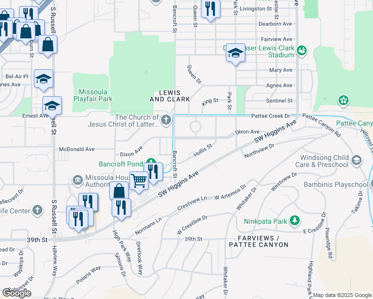 map of restaurants, bars, coffee shops, grocery stores, and more near 3345 Hollis Street in Missoula