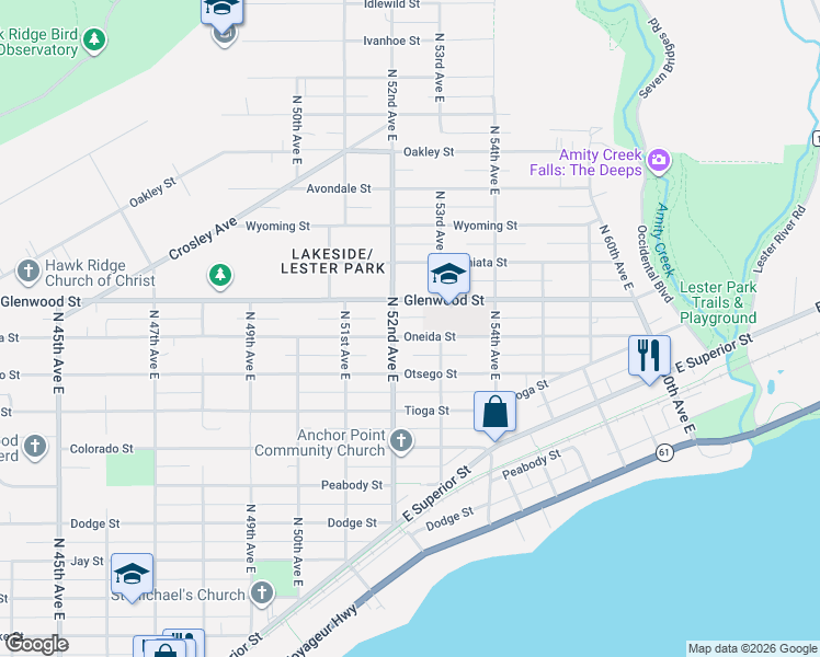 map of restaurants, bars, coffee shops, grocery stores, and more near 5214 Oneida Street in Duluth