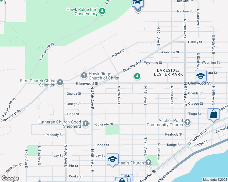 map of restaurants, bars, coffee shops, grocery stores, and more near 4630 Oneida Street in Duluth
