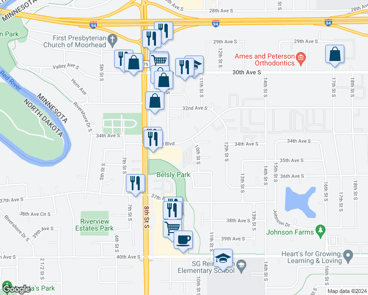 map of restaurants, bars, coffee shops, grocery stores, and more near 3401 10th Street South in Moorhead