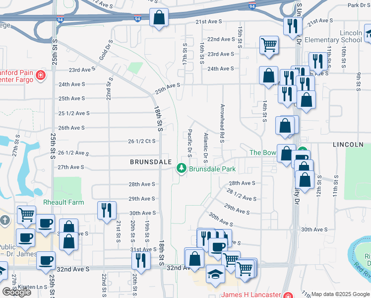 map of restaurants, bars, coffee shops, grocery stores, and more near 2625 Pacific Drive South in Fargo