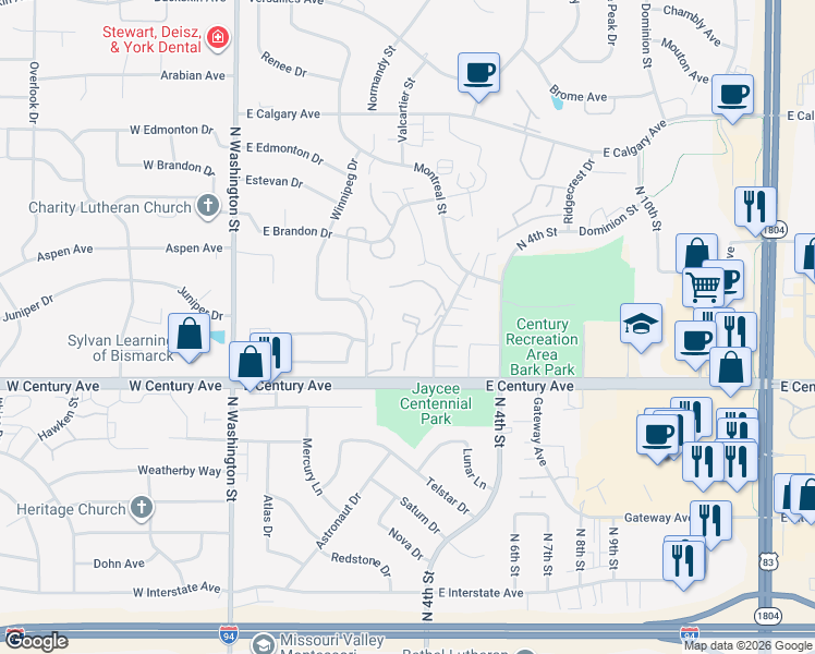 map of restaurants, bars, coffee shops, grocery stores, and more near 2922 Manitoba Lane in Bismarck