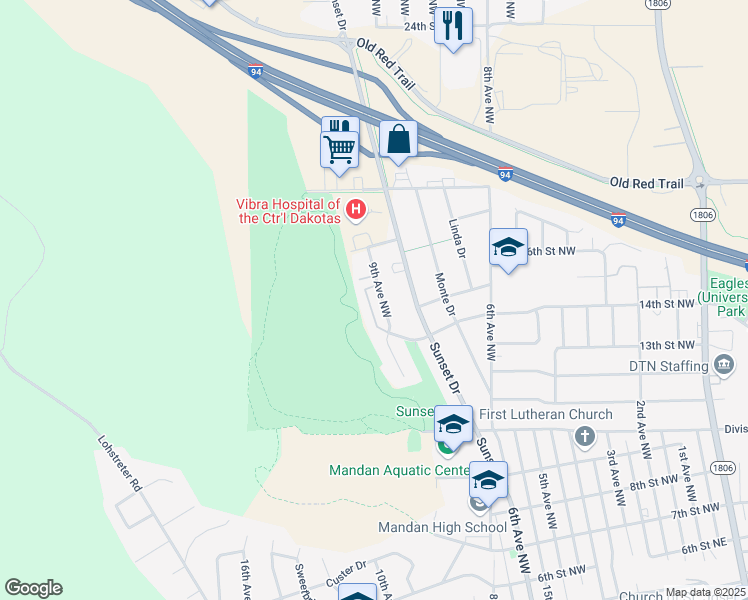 map of restaurants, bars, coffee shops, grocery stores, and more near 1601 9th Avenue Northwest in Mandan