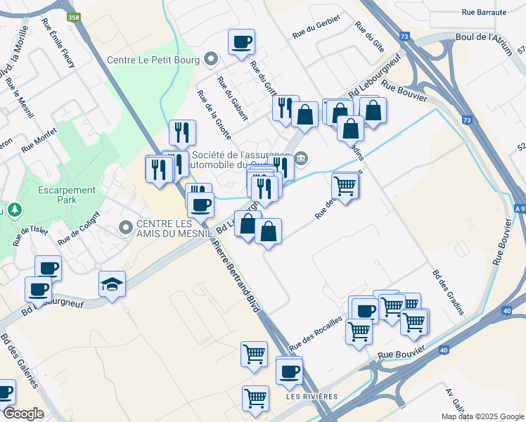 map of restaurants, bars, coffee shops, grocery stores, and more near 825 Boulevard Lebourgneuf in Quebec