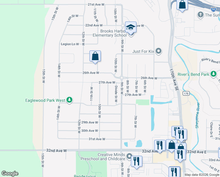 map of restaurants, bars, coffee shops, grocery stores, and more near 3010 7th Street West in West Fargo