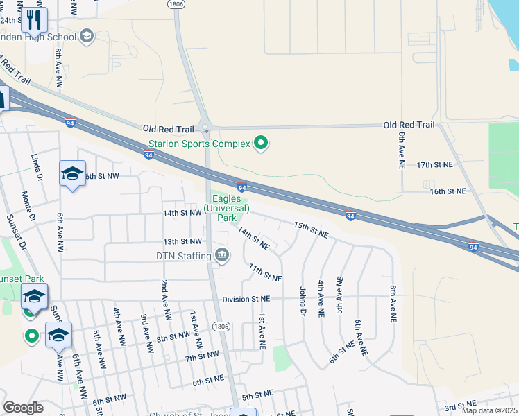 map of restaurants, bars, coffee shops, grocery stores, and more near 203 15th Street Northeast in Mandan