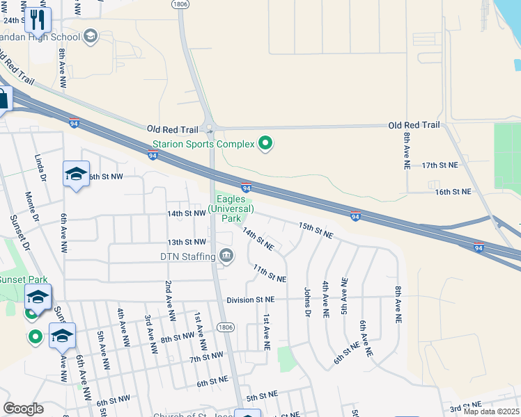 map of restaurants, bars, coffee shops, grocery stores, and more near 203 15th Street Northeast in Mandan