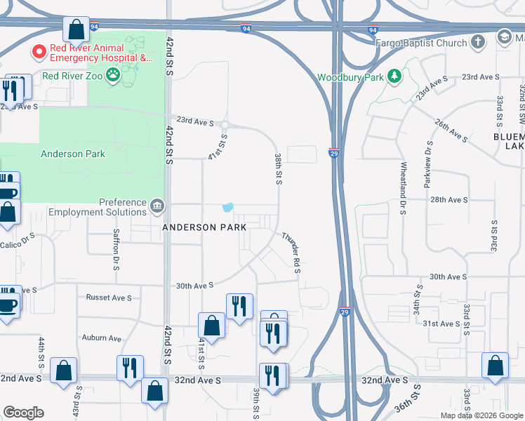 map of restaurants, bars, coffee shops, grocery stores, and more near 3807 30th Avenue South in Fargo