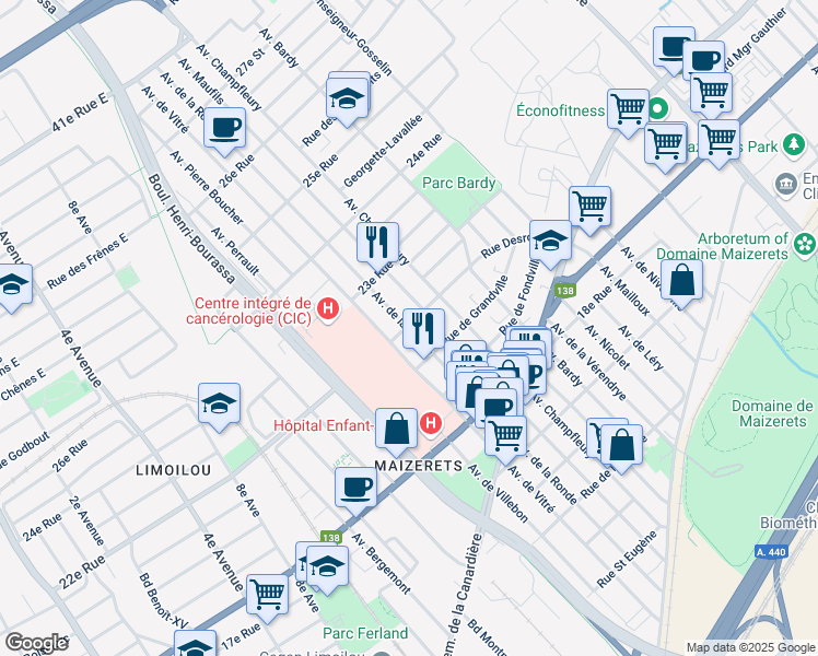 map of restaurants, bars, coffee shops, grocery stores, and more near Avenue de la Ronde in Ville de Québec