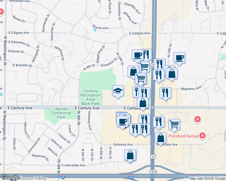 map of restaurants, bars, coffee shops, grocery stores, and more near 1000 East Century Avenue in Bismarck