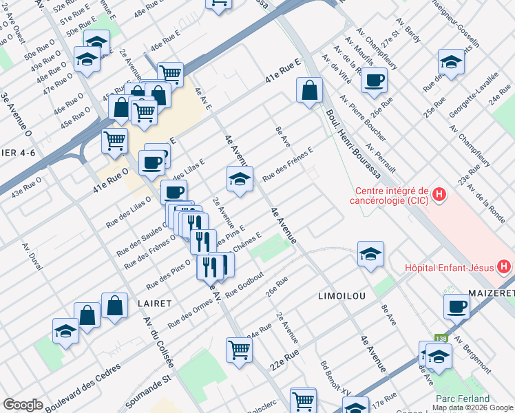 map of restaurants, bars, coffee shops, grocery stores, and more near 330 Rue des Peupliers Est in Ville de Québec