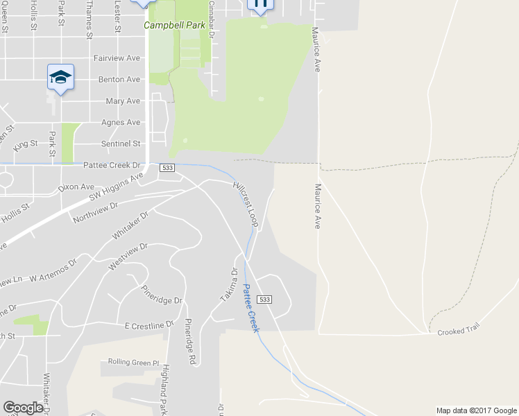 map of restaurants, bars, coffee shops, grocery stores, and more near 121 Hillcrest Drive in Missoula