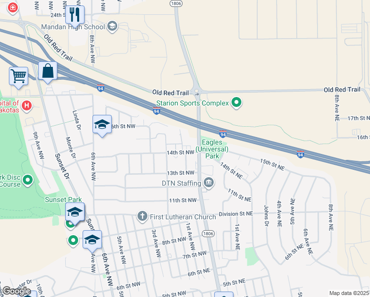 map of restaurants, bars, coffee shops, grocery stores, and more near 1500 1st Avenue Northwest in Mandan