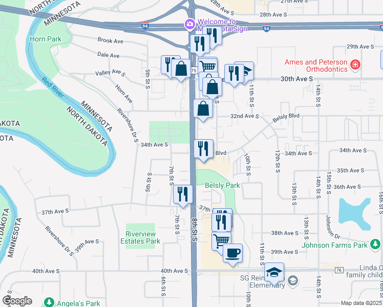 map of restaurants, bars, coffee shops, grocery stores, and more near 8th Street South in Moorhead