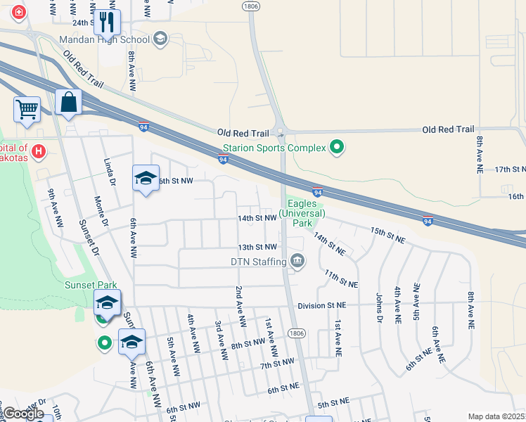 map of restaurants, bars, coffee shops, grocery stores, and more near 1509 1st Avenue Northwest in Mandan