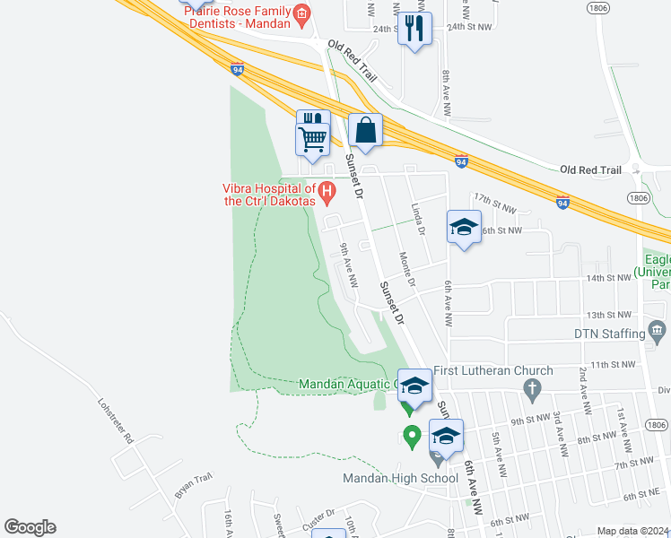 map of restaurants, bars, coffee shops, grocery stores, and more near 1007 18th Street Northwest in Mandan