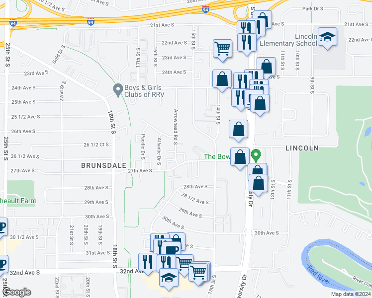 map of restaurants, bars, coffee shops, grocery stores, and more near 2601 15th Street South in Fargo