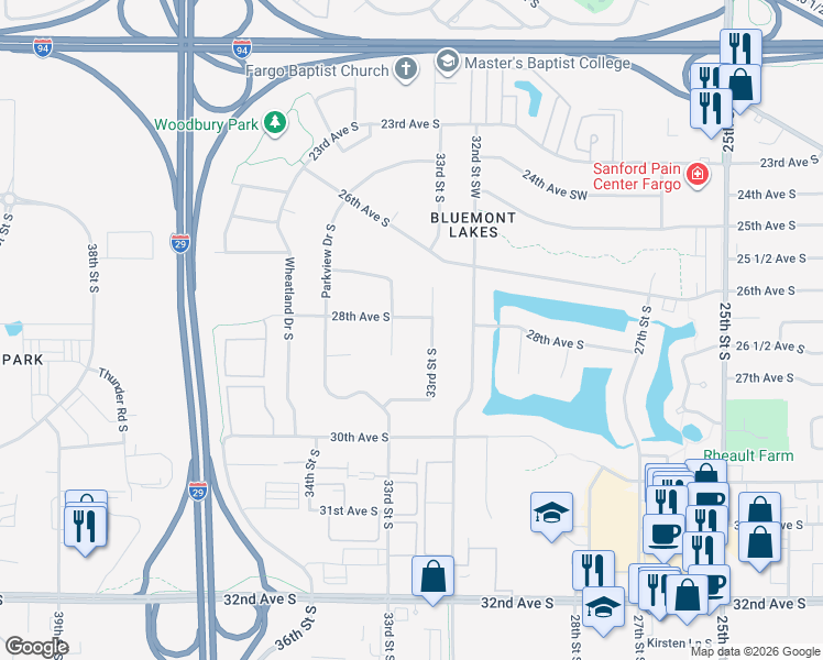 map of restaurants, bars, coffee shops, grocery stores, and more near 3317 Parkview Lane South in Fargo
