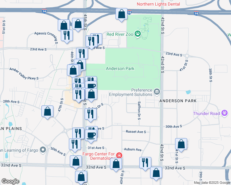 map of restaurants, bars, coffee shops, grocery stores, and more near 4393 Calico Drive South in Fargo