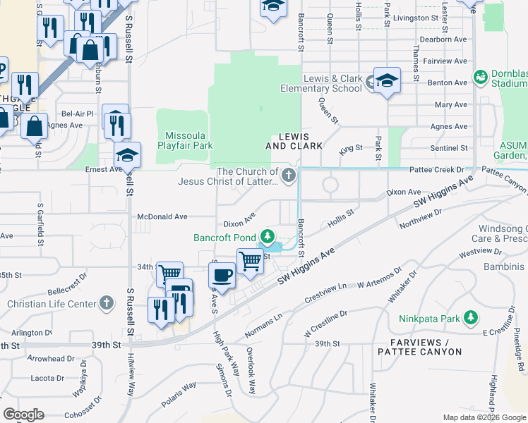 map of restaurants, bars, coffee shops, grocery stores, and more near 815 Dixon Avenue in Missoula