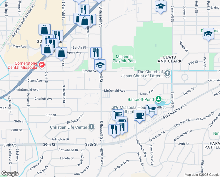map of restaurants, bars, coffee shops, grocery stores, and more near 1208 McDonald Avenue in Missoula
