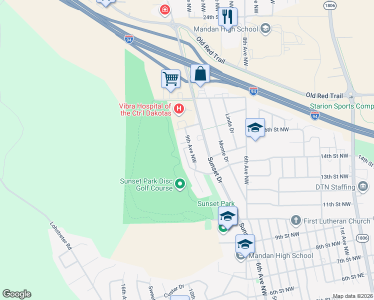 map of restaurants, bars, coffee shops, grocery stores, and more near 1603 9th Avenue Northwest in Mandan