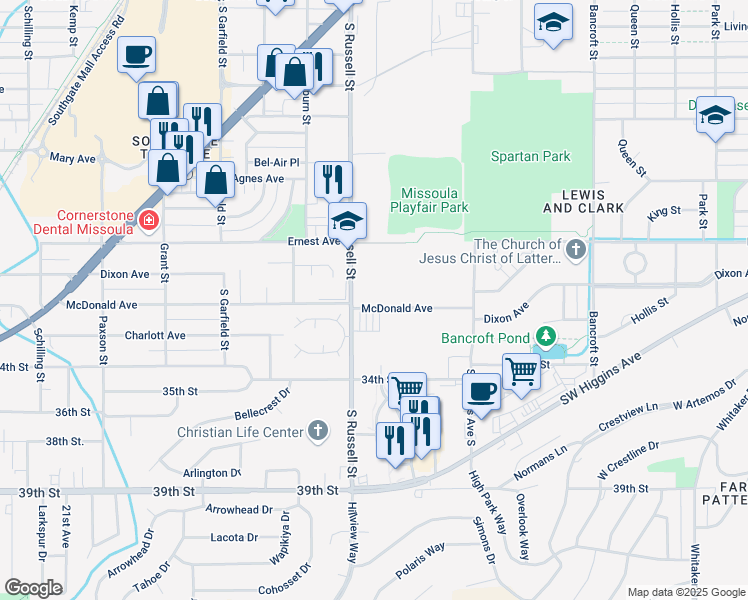 map of restaurants, bars, coffee shops, grocery stores, and more near 1212 McDonald Avenue in Missoula