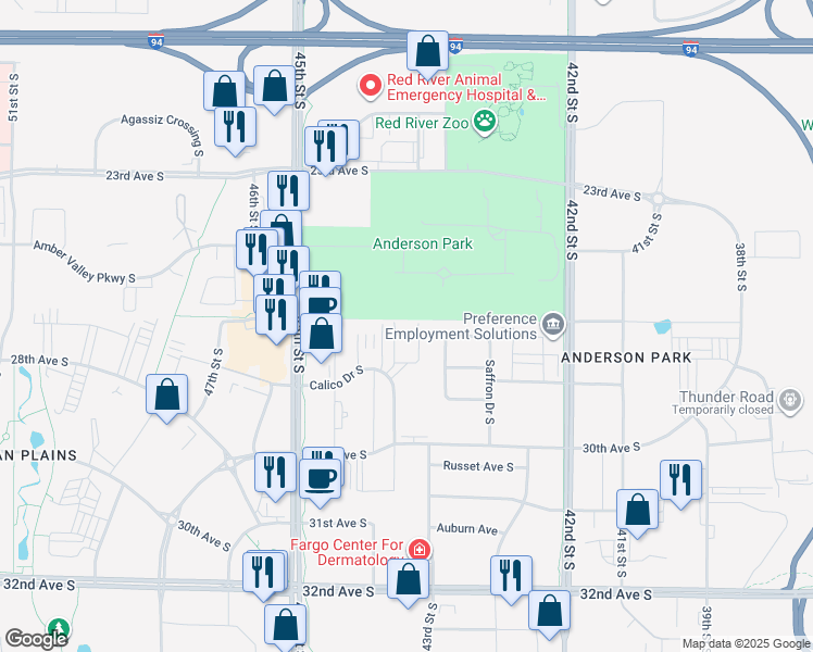 map of restaurants, bars, coffee shops, grocery stores, and more near 4393 Calico Drive South in Fargo