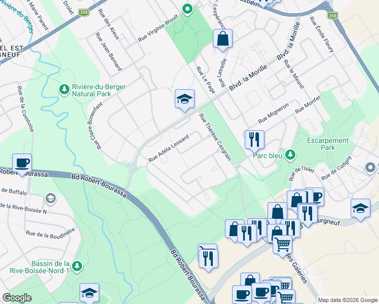 map of restaurants, bars, coffee shops, grocery stores, and more near 1675 Rue Francine Mckenzie in Québec