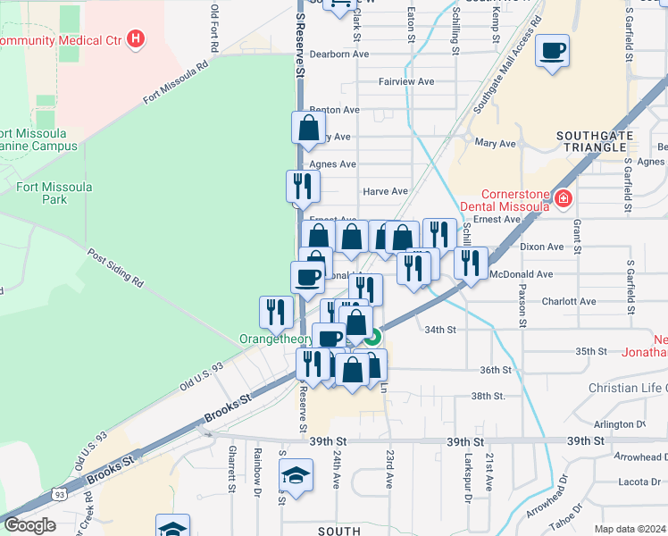 map of restaurants, bars, coffee shops, grocery stores, and more near in Missoula