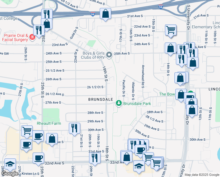 map of restaurants, bars, coffee shops, grocery stores, and more near 2614 18th Street South in Fargo
