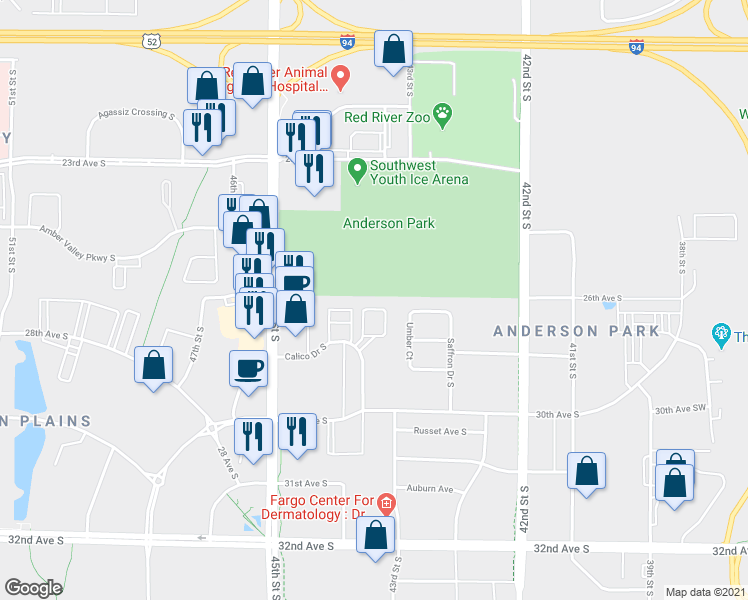map of restaurants, bars, coffee shops, grocery stores, and more near 4393 Calico Drive South in Fargo