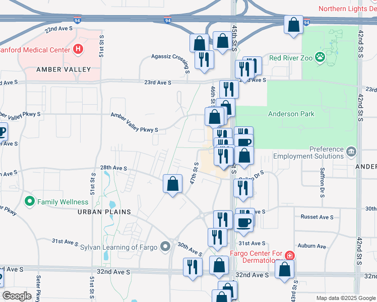 map of restaurants, bars, coffee shops, grocery stores, and more near 4646 Amber Valley Parkway in Fargo