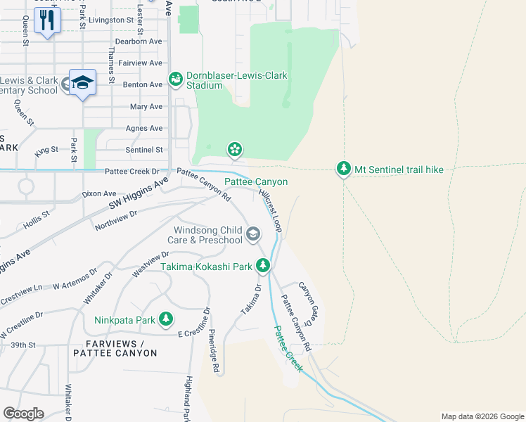 map of restaurants, bars, coffee shops, grocery stores, and more near 119 Hillcrest Loop in Missoula