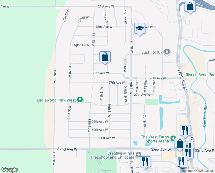 map of restaurants, bars, coffee shops, grocery stores, and more near 101 7th Street West in West Fargo