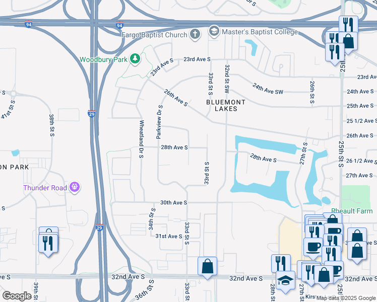 map of restaurants, bars, coffee shops, grocery stores, and more near 4915 28th Avenue Southwest in Fargo