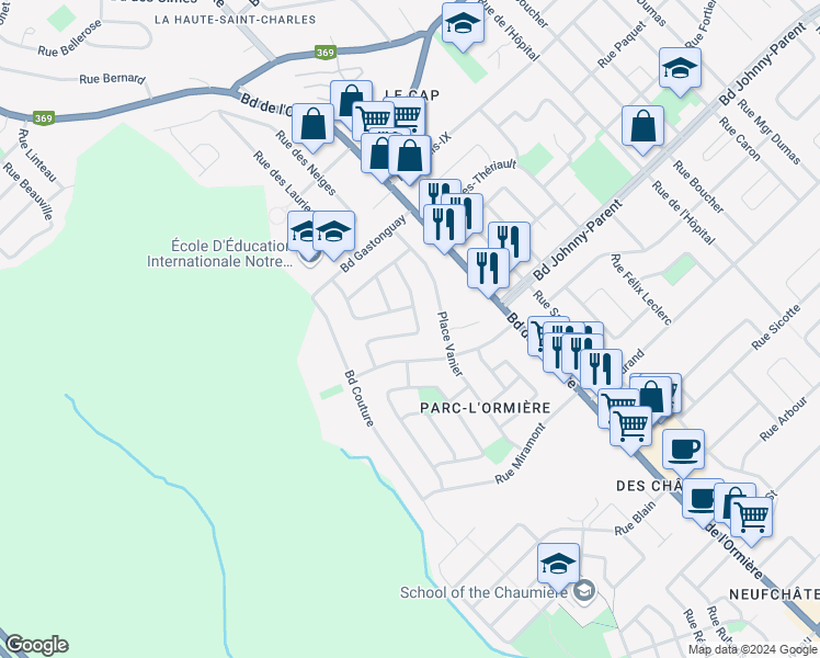 map of restaurants, bars, coffee shops, grocery stores, and more near 4104 Rue de Limoges in Québec