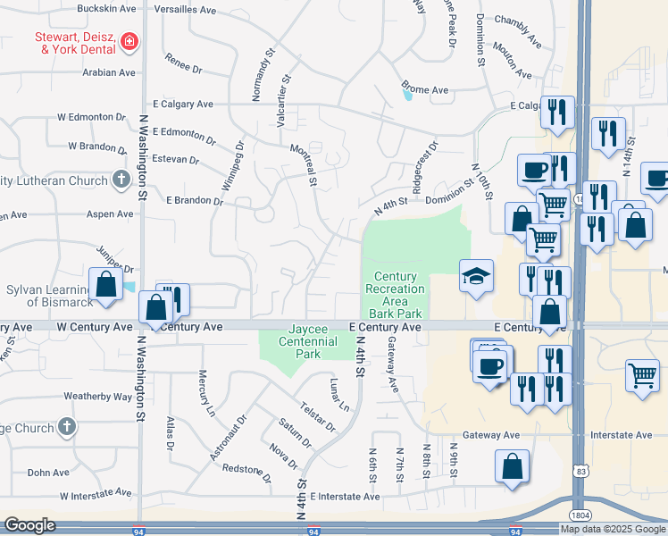 map of restaurants, bars, coffee shops, grocery stores, and more near 3155-3165 Manitoba Lane in Bismarck