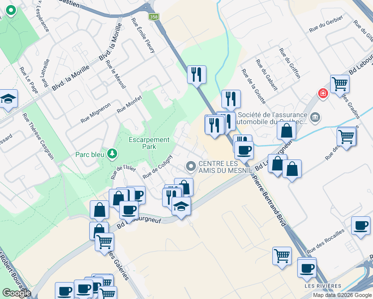 map of restaurants, bars, coffee shops, grocery stores, and more near 928 Rue du Massif in Quebec