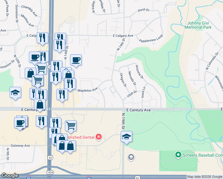 map of restaurants, bars, coffee shops, grocery stores, and more near 1823 Mapleton Avenue in Bismarck
