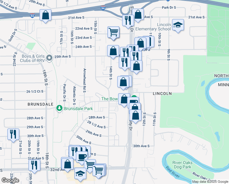map of restaurants, bars, coffee shops, grocery stores, and more near 2620 14th Street South in Fargo