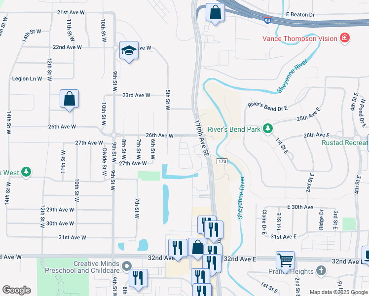 map of restaurants, bars, coffee shops, grocery stores, and more near 401 26th Avenue West in West Fargo