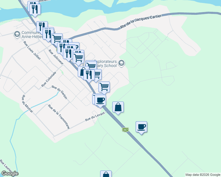 map of restaurants, bars, coffee shops, grocery stores, and more near 320 Rue Anne-Hébert in Sainte-Catherine-de-la-Jacques-Cartier