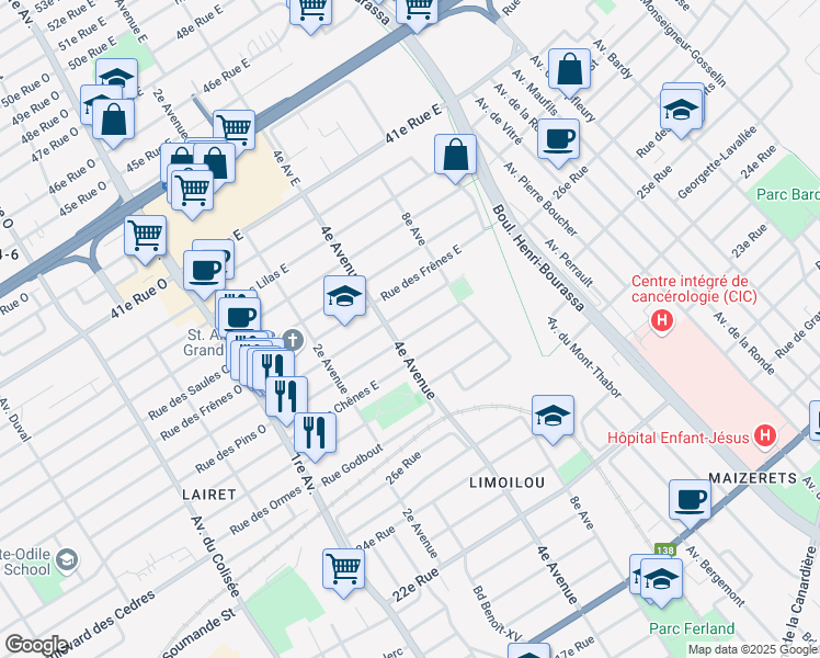 map of restaurants, bars, coffee shops, grocery stores, and more near 445 Rue des Pins Est in Québec