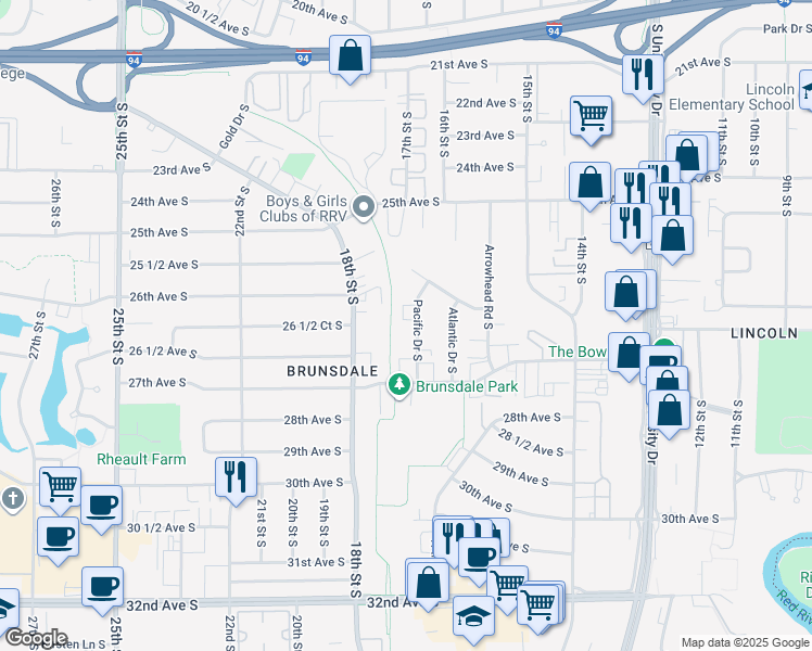 map of restaurants, bars, coffee shops, grocery stores, and more near 2585 Pacific Drive South in Fargo
