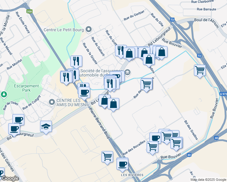 map of restaurants, bars, coffee shops, grocery stores, and more near 825 Boulevard Lebourgneuf in Quebec