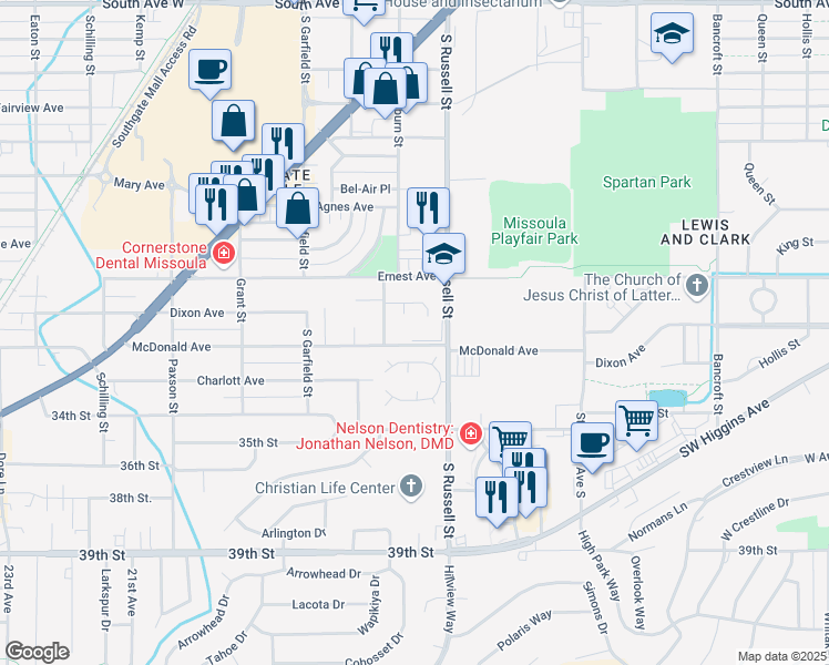 map of restaurants, bars, coffee shops, grocery stores, and more near 1515 Ashberry Court in Missoula