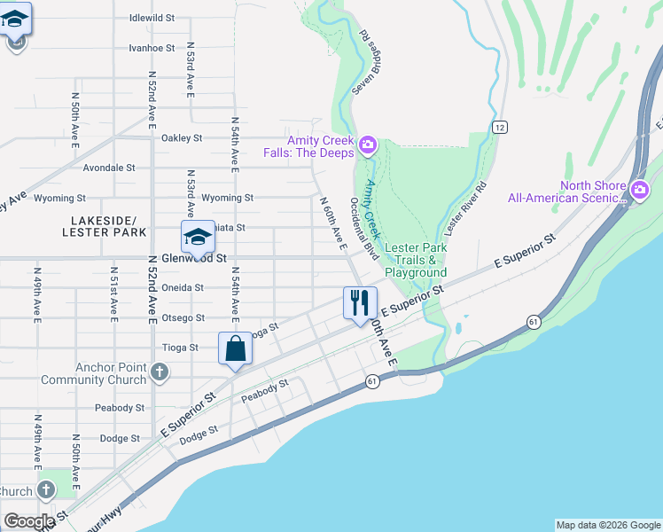 map of restaurants, bars, coffee shops, grocery stores, and more near 5811 Glenwood Street in Duluth