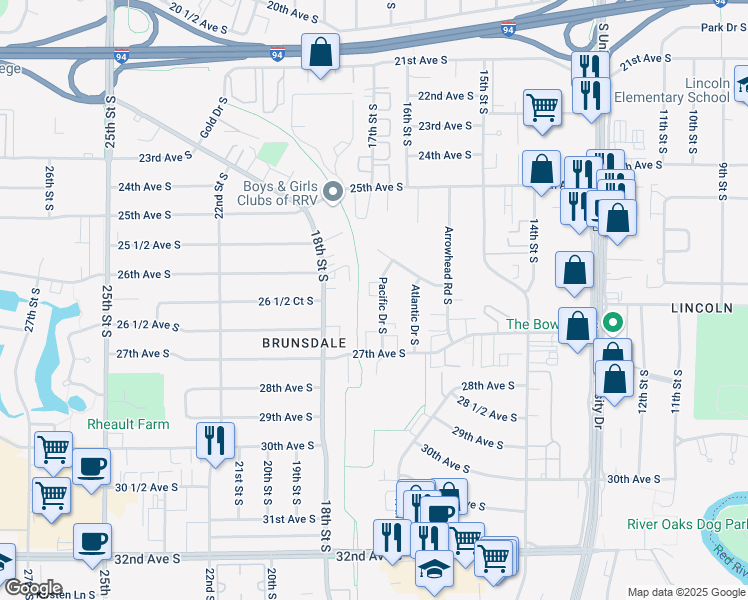 map of restaurants, bars, coffee shops, grocery stores, and more near 2575 Pacific Drive South in Fargo