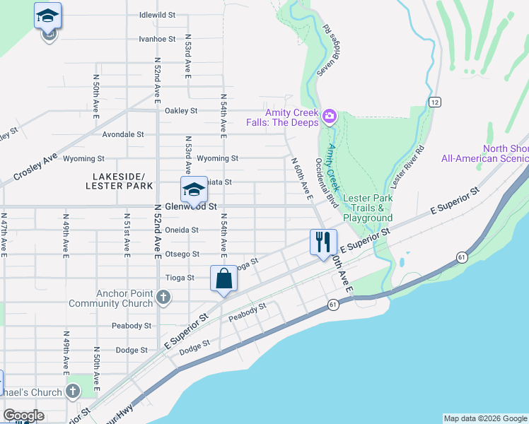 map of restaurants, bars, coffee shops, grocery stores, and more near 5719 Glenwood Street in Duluth